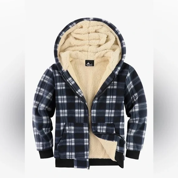 Plaid Sherpa Hooded Kids Jacket - Picture 1 of 5